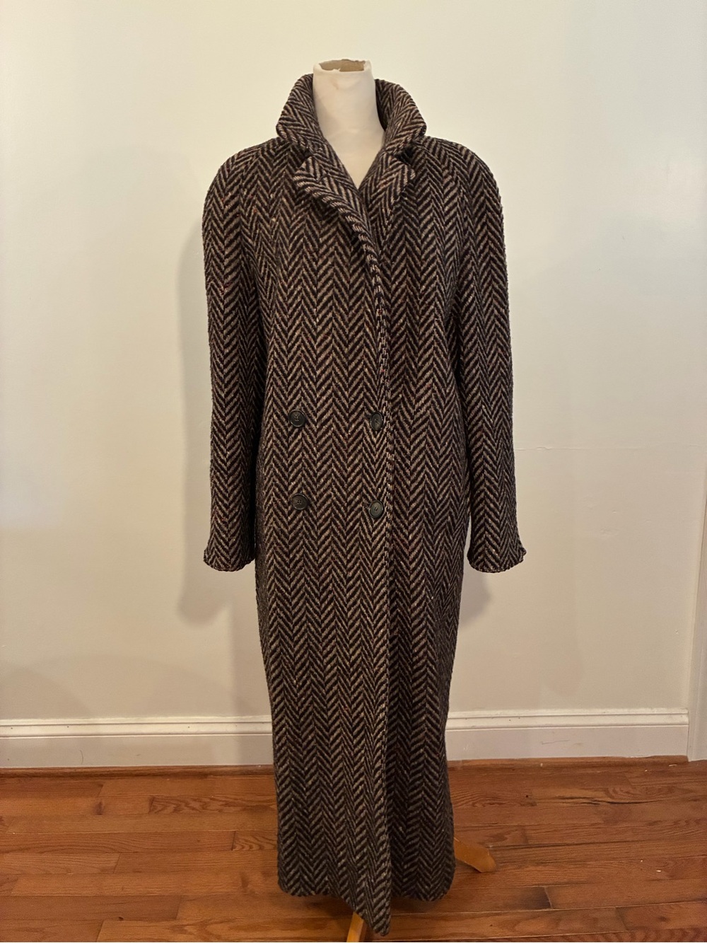 Women’s wool Long Double-Breasted Herringbone overCoat Brown